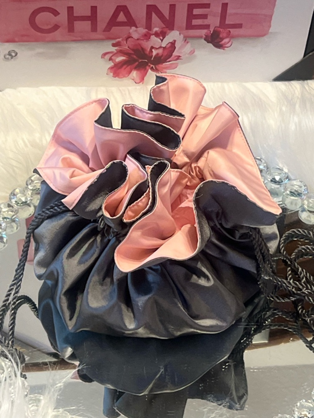 ANNICK GOUTAL Italy Elegant Satin gray and Pink Ruffle travel makeup bag